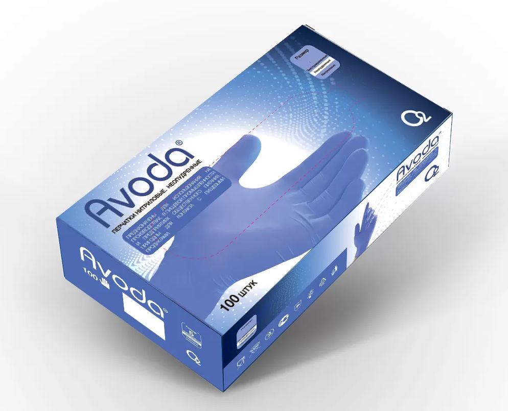 Перчатки защитные нитриловые О2 Avoda неопудренные одноразовые упаковка 100 шт